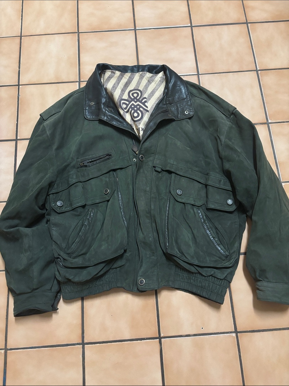 Vintage Munper XXL Lamb Suede Men's Green Bomber Jacket with Leather Collar